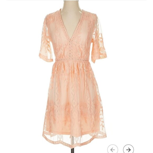 Bella Ella Light My Fire Sheer Lace Mini Dress Size Large Peach - Picture 1 of 13